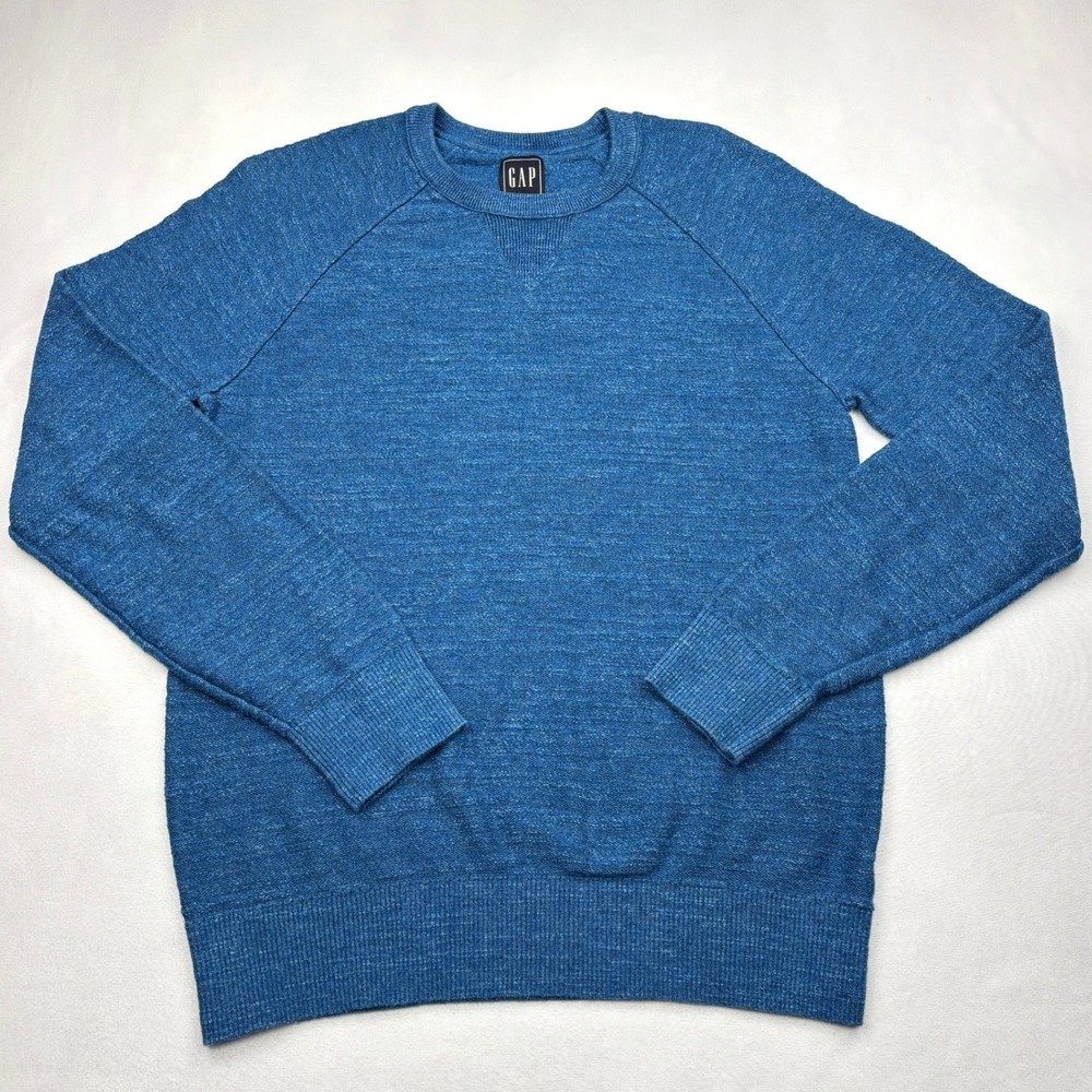 Gap Sweater Mens Small Blue Cotton Slub Crewneck Raglan V Notch Pullover 592901